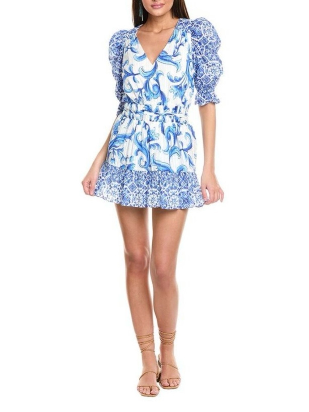 Ramy Brook Womens Susan Blue Printed V-Neck Cotton Mini Dress Size XXS. A-2